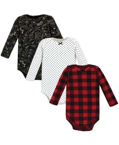 Baby Girls Cotton Long-Sleeve Bodysuits, Buffalo Plaid Gold, 3-Pack