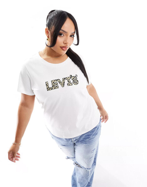 Levi's Plus perfect t-shirt with chest leopard print logo in white