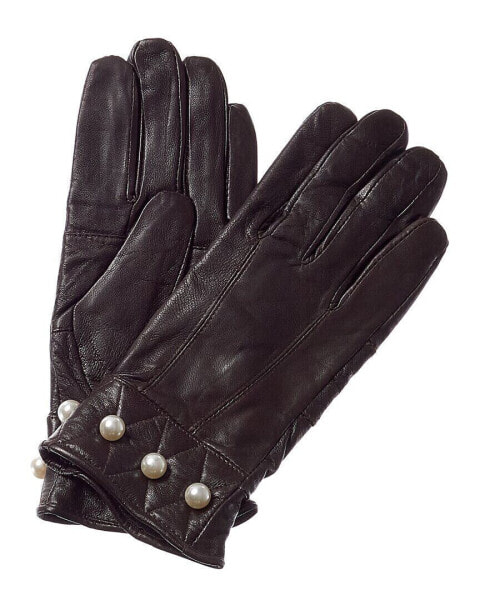 Surell Accessories Pearl Detail Leather Gloves Women's Small