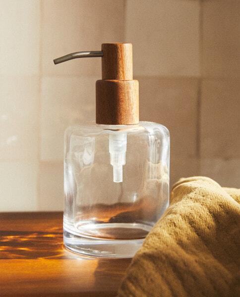 Glass and wood bathroom soap dispenser