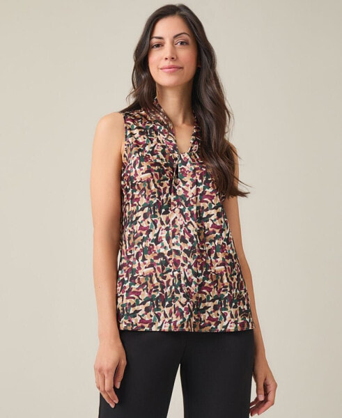 Women's Printed Tie-Collar Sleeveless Blouse