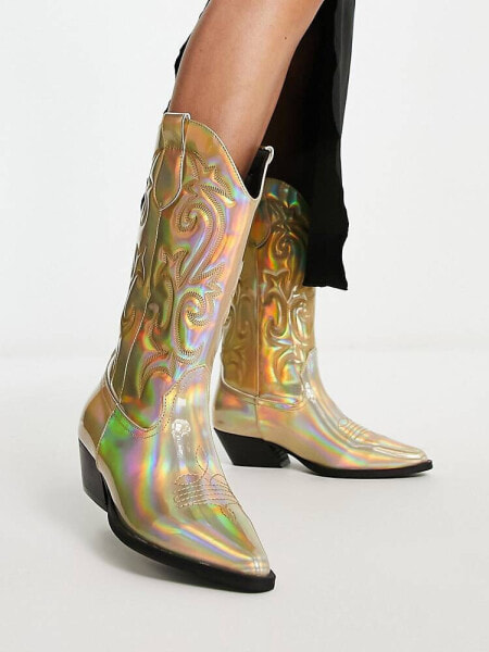 ASOS DESIGN Andi flat western knee boots iridescent mirror