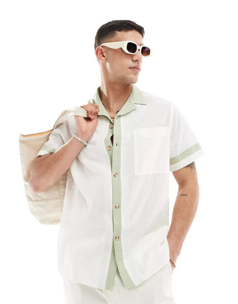 ASOS DESIGN boxy oversized linen blend revere shirt with contrast trim in white