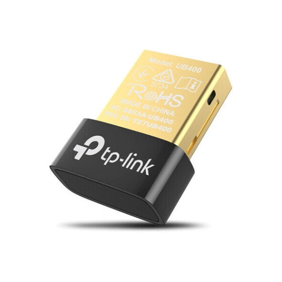 TP-Link UB400 - Адаптер Bluetooth USB Type-A - Черный/Золотой - FCC/CE/RoHS - Дальность 10 м - Рабочая температура 0-40 °C