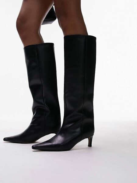 Topshop Tara premium leather knee high heeled boots in black