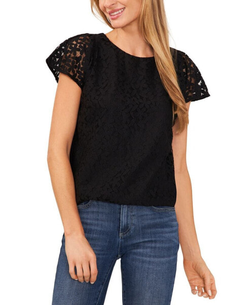 Women's Crewneck Flutter Sleeve Lace Top