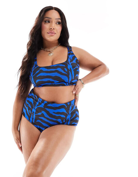 ASOS DESIGN Curve Gloria high waist bikini bottom in blue zebra