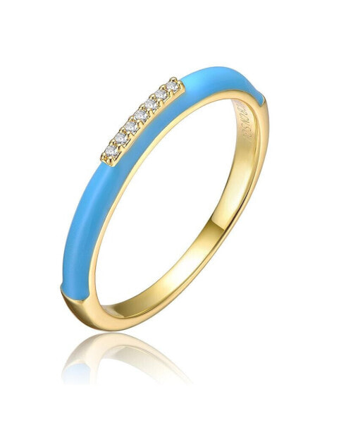 RA Young Adults/Teens 14k Yellow Gold Plated with Cubic Zirconia Blue Enamel Slim Stacking Band Ring