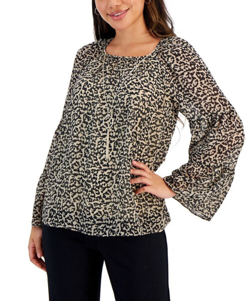 Petite Abstract-Print Tiered-Sleeve Top, Created for Macy's