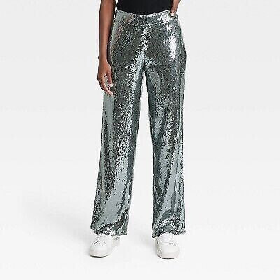 Women's Sequin Trouser Pants - A New Day Silver 6