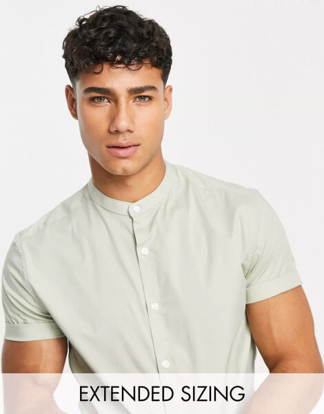 ASOS DESIGN skinny shirt with grandad collar in sage green