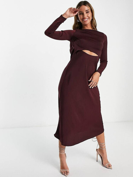 ASOS DESIGN satin midi dress with cowl back and tie in wine