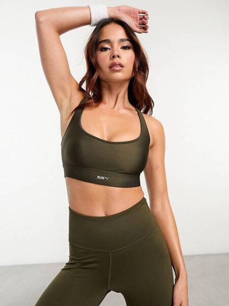 Puma Running Evolve medium support sports bra in khaki