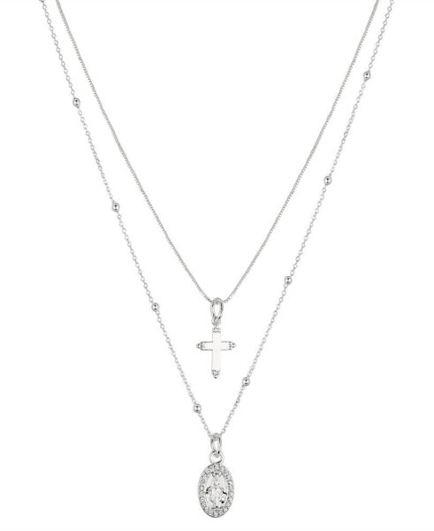 Unwritten silver Plated Brass Crystal Mary and Cross Duo Necklace with Extender