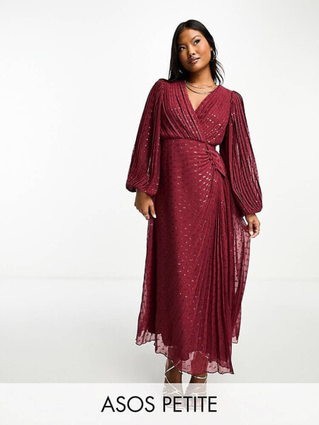 ASOS DESIGN Petite pleated metallic dobby chiffon wrap button detail maxi dress in burgundy