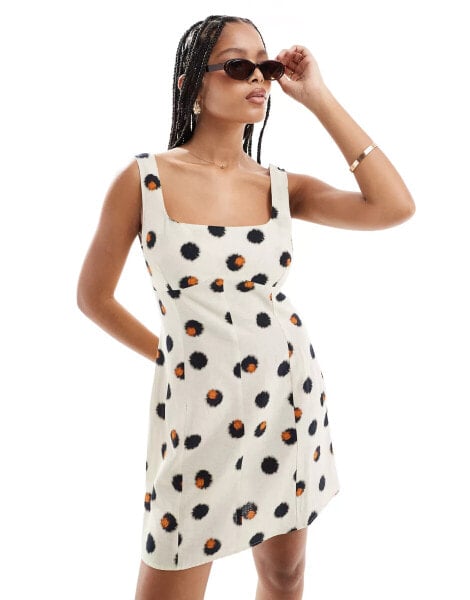 ASOS DESIGN linen scoop neck mini dress with bust seam detail in smudge spot print