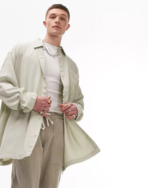 Topman long sleeve super oversized fit pocket shirt in sage