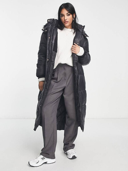 River Island longline puffer coat with hood in black