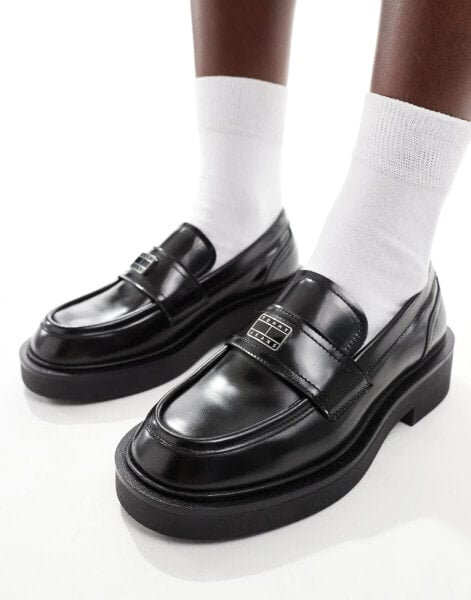 Tommy Jeans logo leather loafers in black