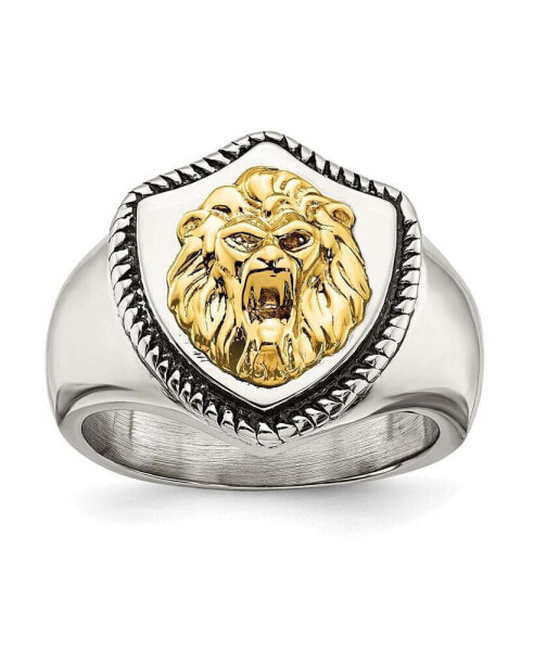 Stainless Steel 14k Gold Accent Antiqued Lion on Shield Ring