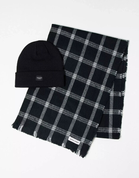 Jack & Jones beanie & check scarf giftbox in black