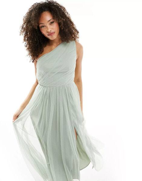 Anaya Bridesmaid tulle one shoulder maxi dress in sage green