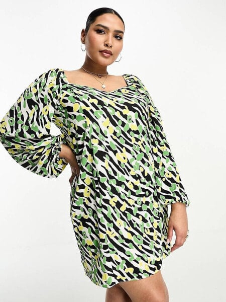 ASOS DESIGN Curve flared sleeve mini tea dress in abstract zebra print