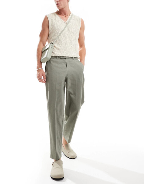 ASOS DESIGN smart oversized tapered linen blend trousers in dusty green