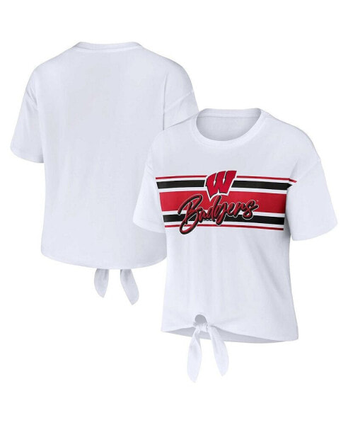 Women's White Wisconsin Badgers Striped Front Knot Cropped T-shirt