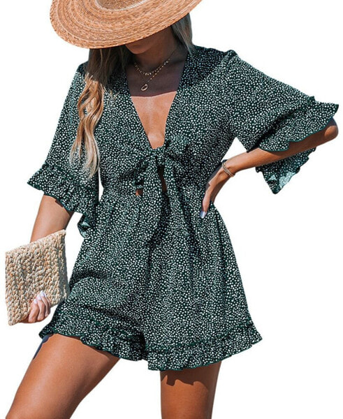 Women's Green-and-White Polka Dot Front Tie Cutout Romper