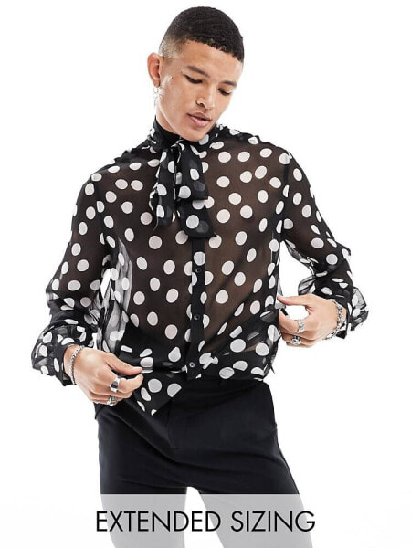 ASOS DESIGN relaxed sheer shirt in large polka dots with tie neck in black 