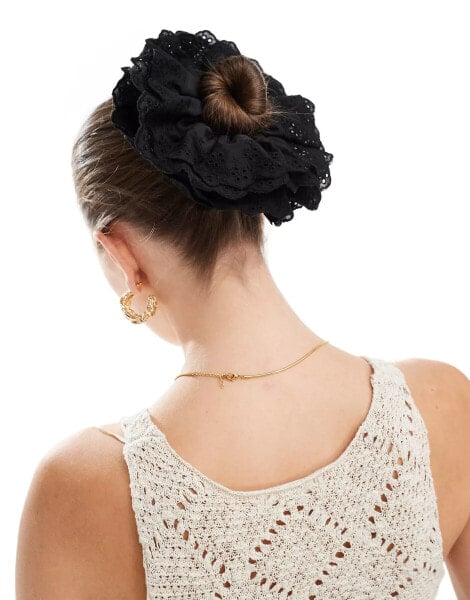 ASOS DESIGN scrunchie hair tie with broderie detail in black