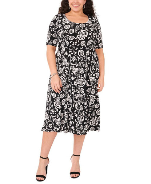 Plus Size Scoop-Neck Elbow-Length Midi Dress