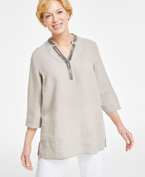 Petite 100% Linen Embellished-Neck 3/4-Sleeve Tunic, Created for Macy's