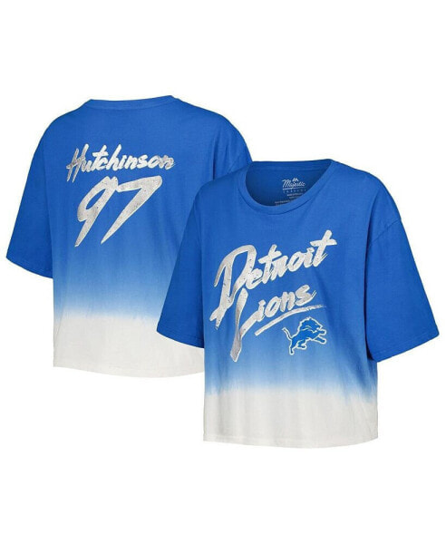 Women's Threads Aidan Hutchinson Blue, White Distressed Detroit Lions Dip-Dye Player Name and Number Crop Top