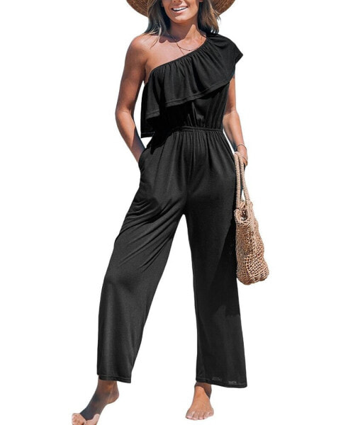 Women's Black Ruffled One-Shoulder Jumpsuit