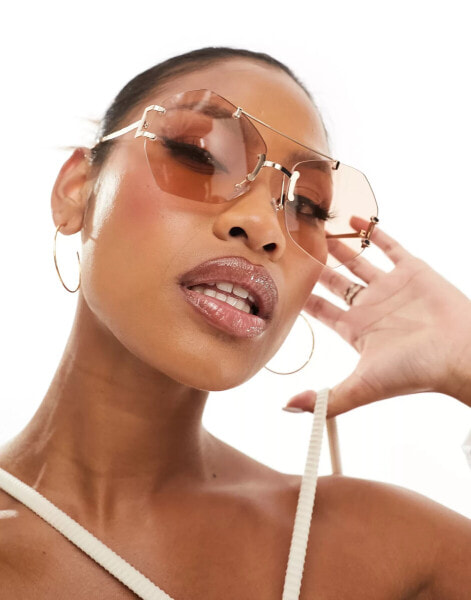 South Beach hexagonal aviator metal sunglasses in gold