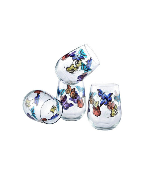 Butterflies Stemless Wine Glass 15-Ounce Set of 4