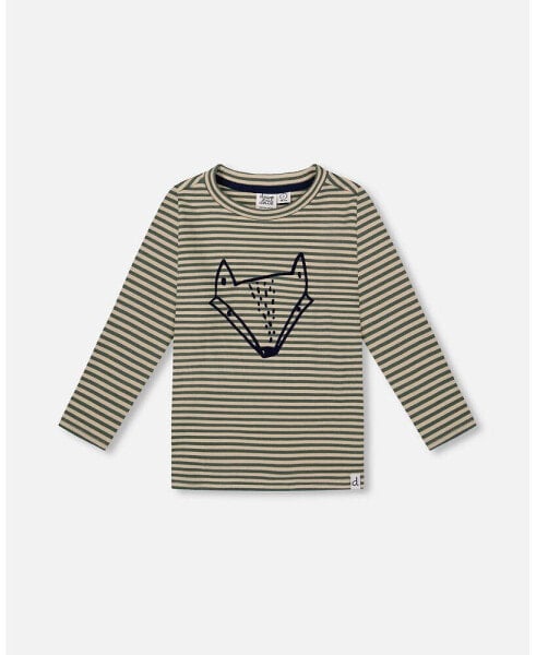 Big Boys Super Soft Striped T-Shirt With Print Green And Beige