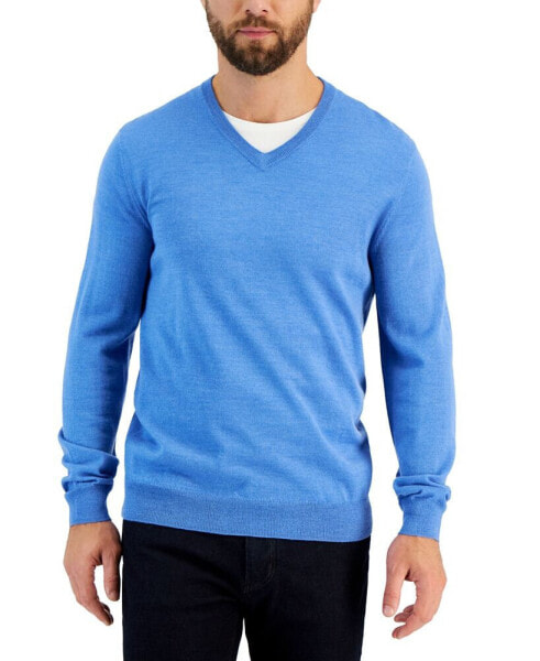 Men's Solid V-Neck Merino Wool Blend Sweater, Created for Macy's