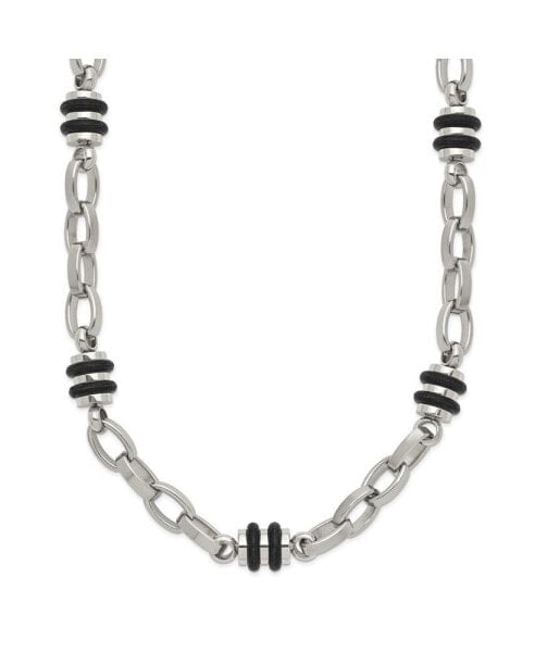 Chisel stainless Steel Polished with Black Rubber Barrel Link Necklace