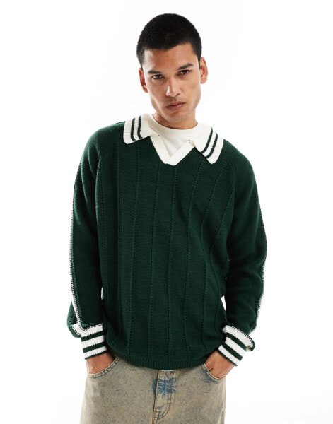 ASOS DESIGN relaxed ribbed polo jumper with tipping and seam detail in dark green