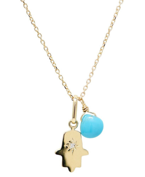 Anzie diamond Accent & Sleeping Beauty Turquoise Hamsa Hand Two Charm Pendant Necklace in 14k Gold, 16" + 1" extender