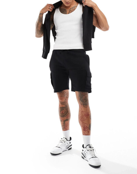 French Connection jersey cargo shorts in black