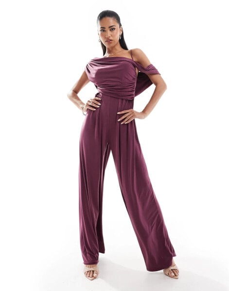 ASOS DESIGN fallen shoulder wide leg jumpsuit in plum