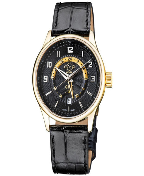 Men's Giromondo Swiss Quartz Black Genuine Leather Strap Watch 42mm