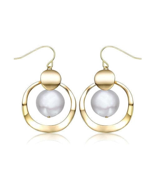 Sterling Silver 14k Yellow Gold Plated with White Freshwater Pearl Concentric Halo Dangle Drop Earrings