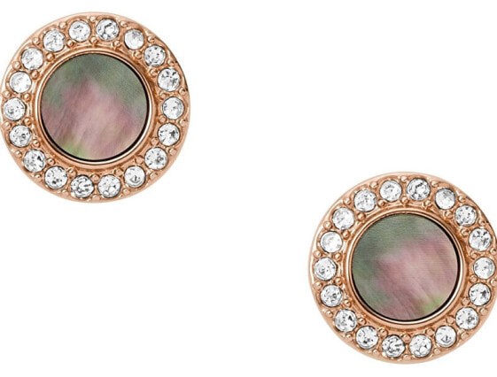 Glittering bronze earrings with crystals and mother-of-pearl JF02949791