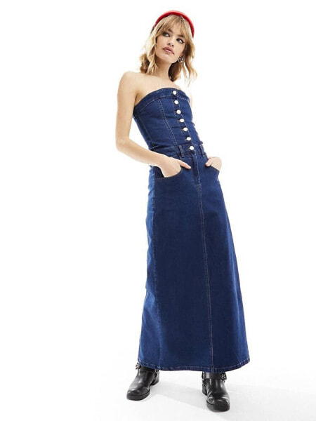 Reclaimed Vintage denim bandeau maxi dress in blue wash