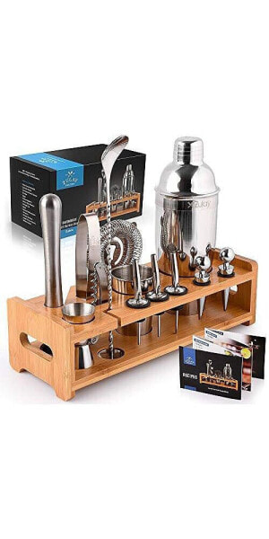 24 Piece Professional Stainless Steel Bartender Set with Bamboo Stand
